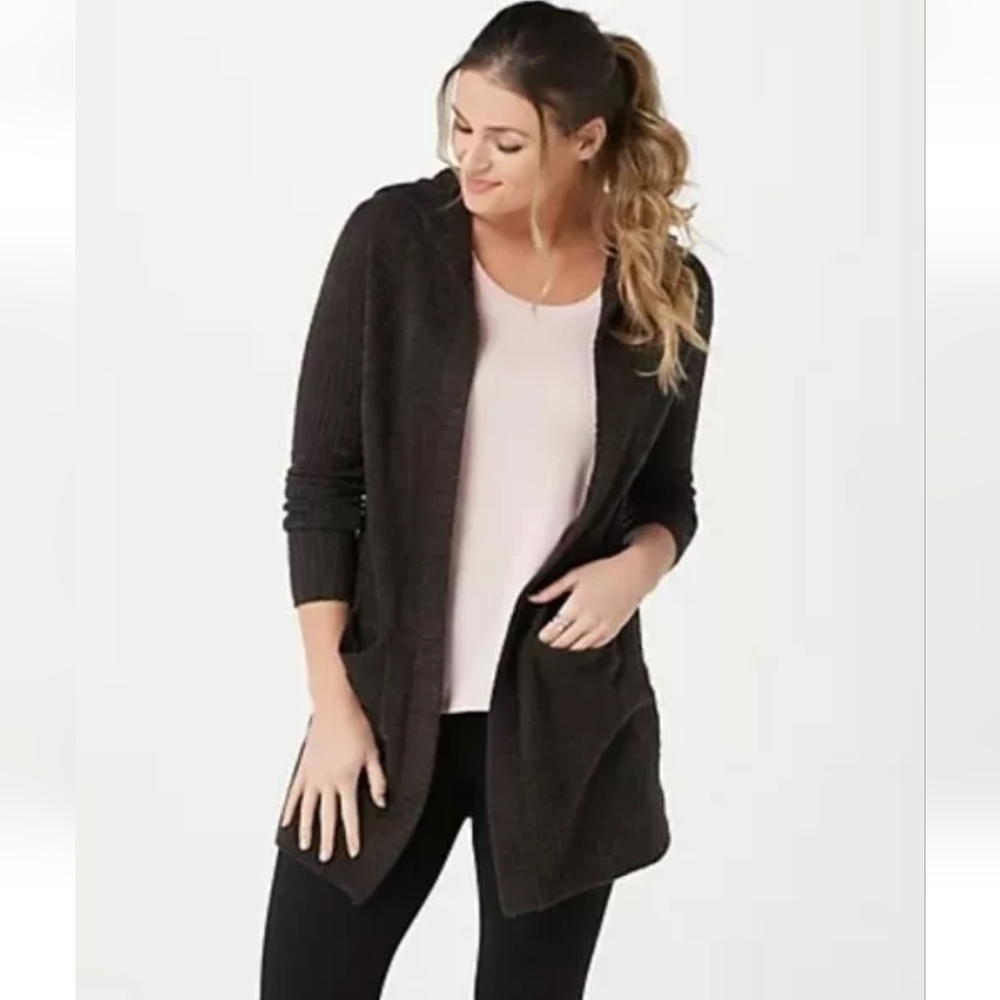 Barefoot Dreams CozyChic Lite Womens Open Cardigan Grey Cozy Warm Hooded Medium‎